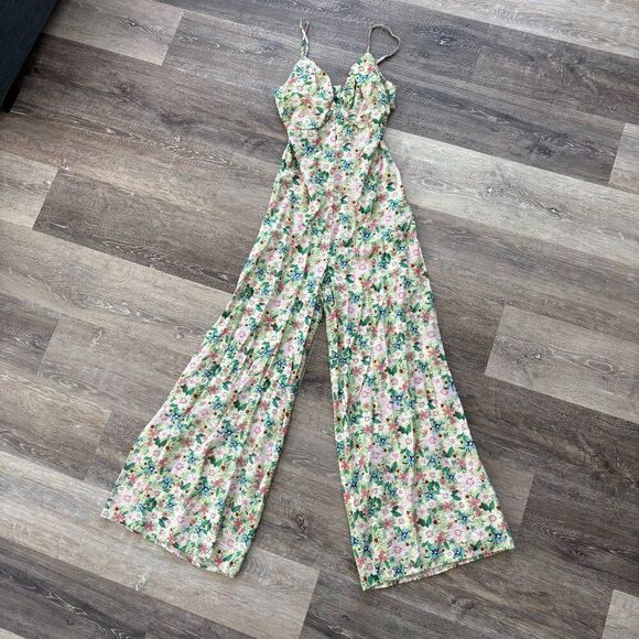 Akira Floral Wide Leg Jumpsuit Size S | Pastel Garden Print | Corset Bust - Picture 2 of 15